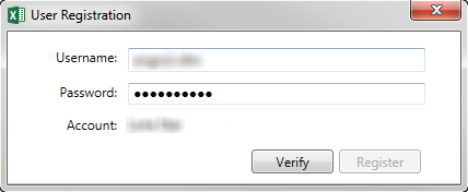 Screen capture showing the initial User Registration pop-up for the Add-in. 